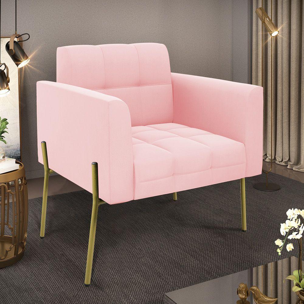 Poltrona Pé De Ferro Dourado Para Sala Elisa Suede Rosa Bebê D03 - D'rossi - 6