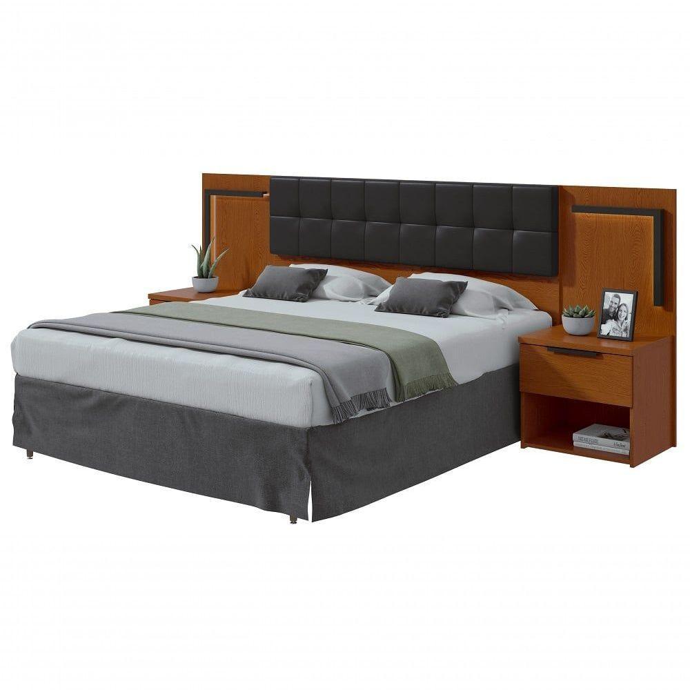 Cabeceira Casal 160cm 2 Mesas De Cabeceira Com Led Calitan Frassino Preto Fosco - 1