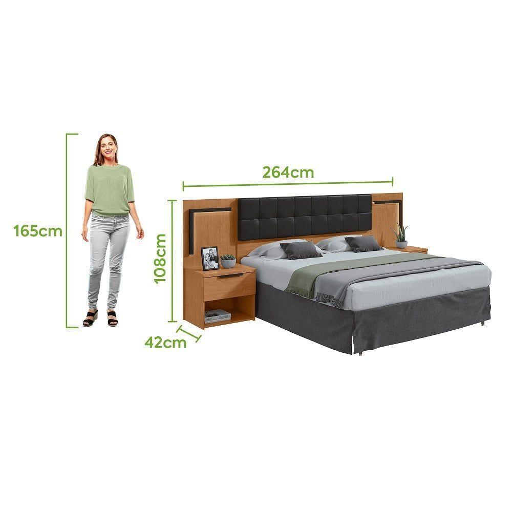 Cabeceira Casal 160cm 2 Mesas De Cabeceira Com Led Calitan - Lopas Amendoa Clean/preto Fosco - 7