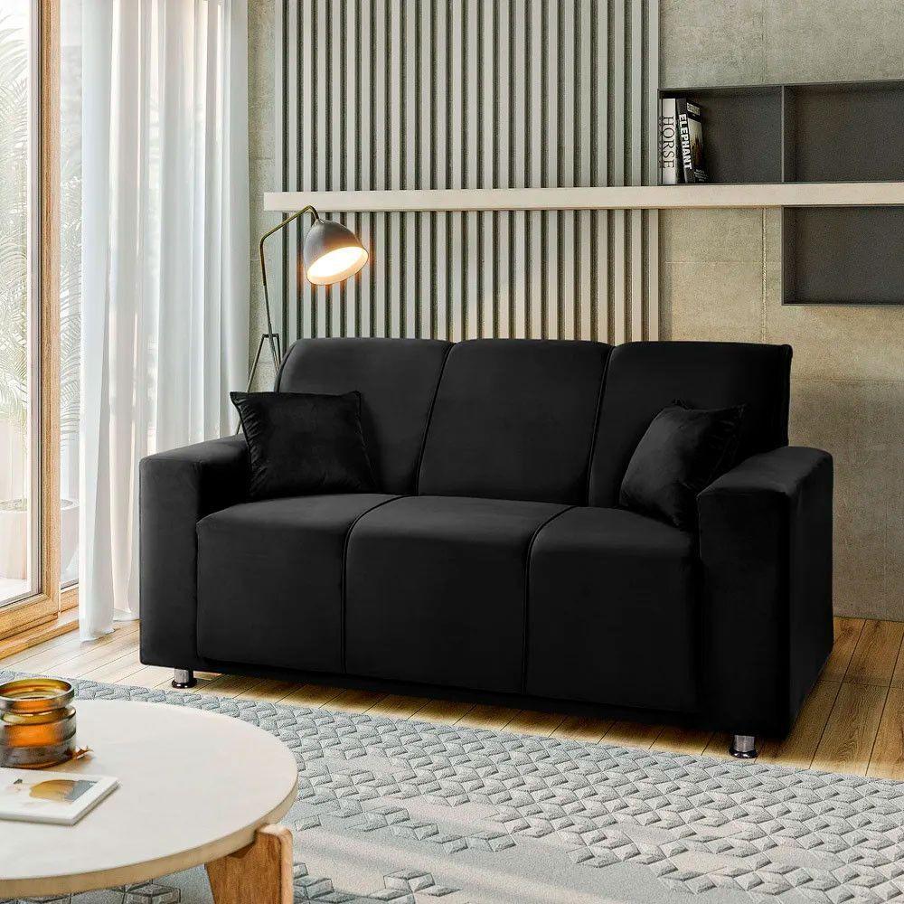 Sofá 3 Lugares Fixo Tokyo Veludo Shop Das Cabeceiras Preto - 6