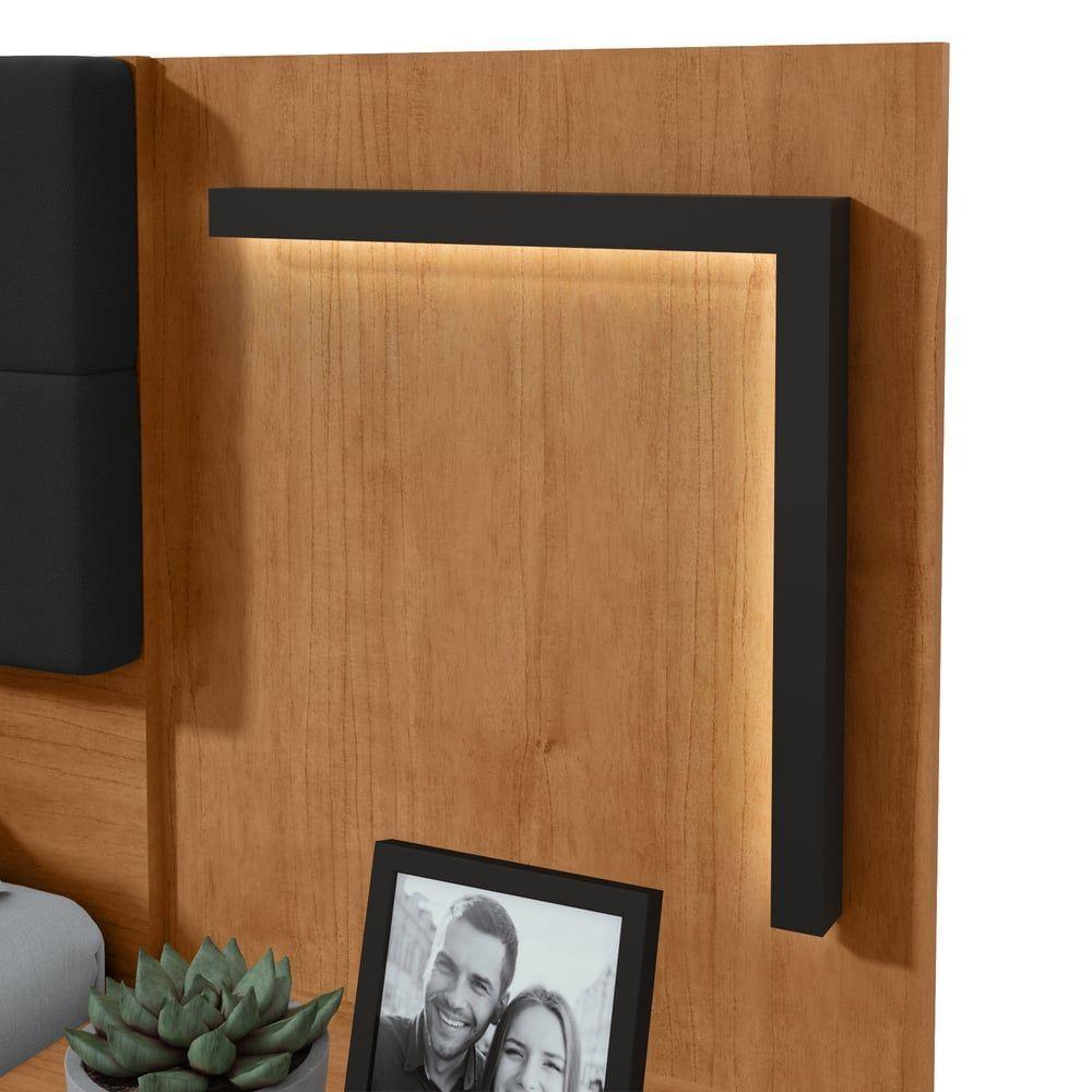 Cabeceira Casal 160cm 2 Mesas De Cabeceira Com Led Calitan Amendoa Clean Preto Fosco. - 7