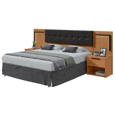 Cabeceira Casal 160cm 2 Mesas De Cabeceira Com Led Calitan Amendoa Clean Preto Fosco.