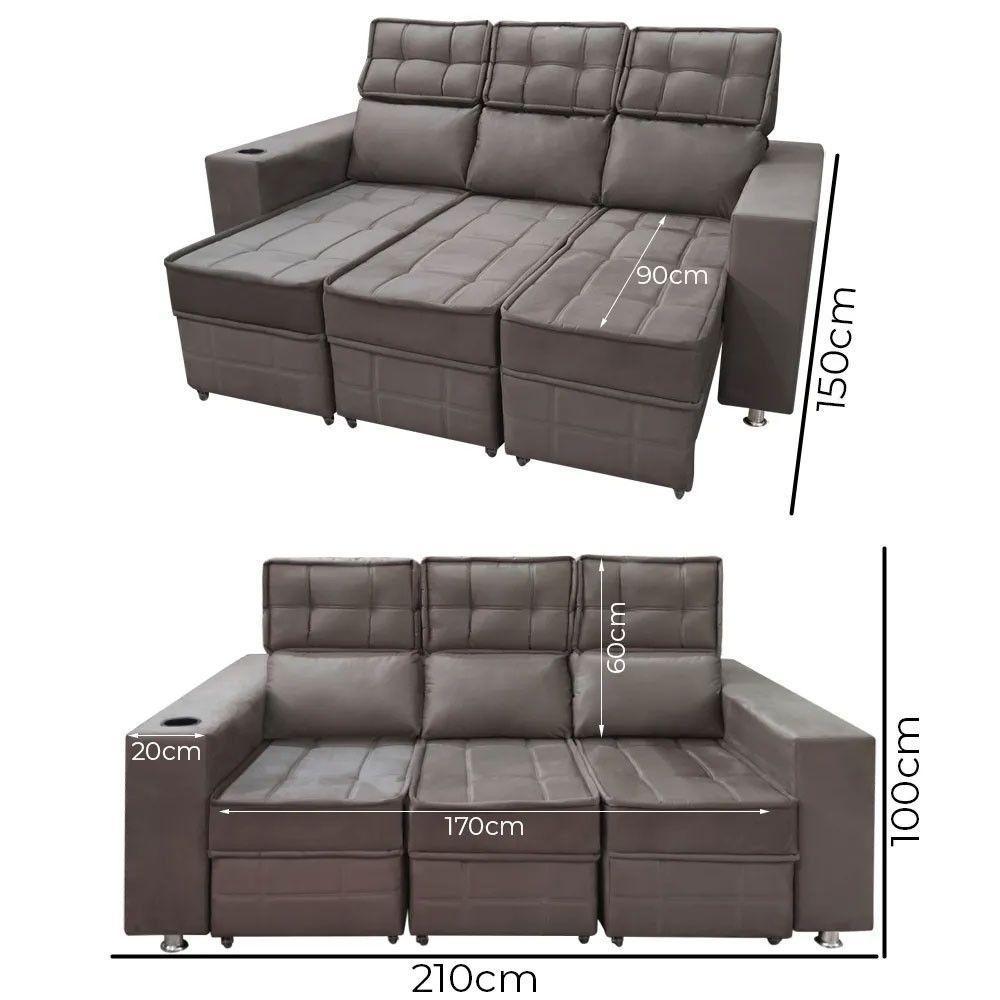 Sofá Retrátil E Reclinável 3 Lugares Londres 2.10cm C-molas Marrom Chocolate - 5