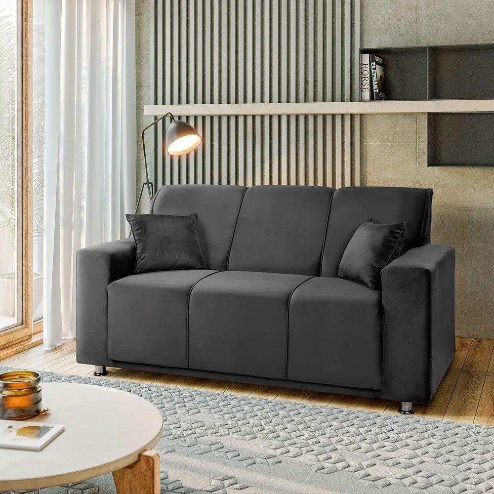 Sofá 3 Lugares Fixo Tokyo Veludo Shop Das Cabeceiras Cinza Chumbo - 6