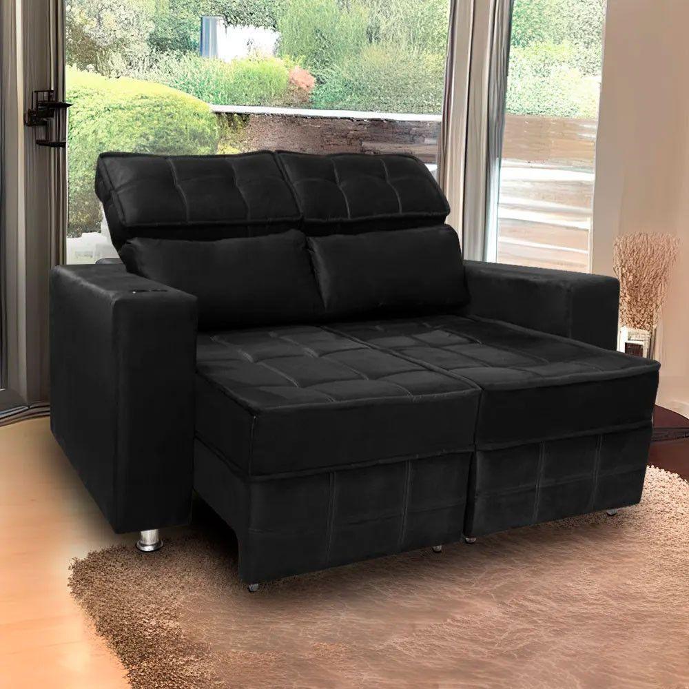 Sofá Retrátil E Reclinável 2 Lugares Londres 1.60cm C-molas Preto - 4