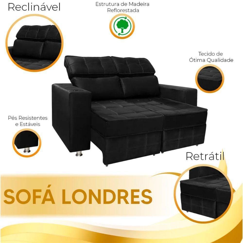 Sofá Retrátil E Reclinável 2 Lugares Londres 1.60cm C-molas Preto - 5