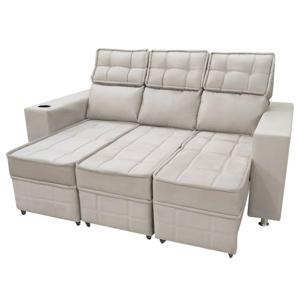 Sofá Retrátil E Reclinável 3 Lugares Londres 2.10cm C-molas Bege Marfim - 2