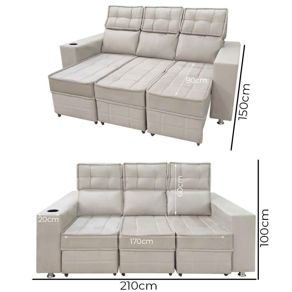 Sofá Retrátil E Reclinável 3 Lugares Londres 2.10cm C-molas Bege Marfim - 5