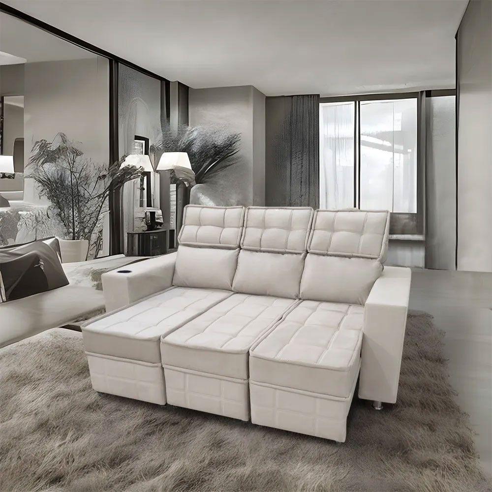 Sofá Retrátil E Reclinável 3 Lugares Londres 2.10cm C-molas Bege Marfim - 6