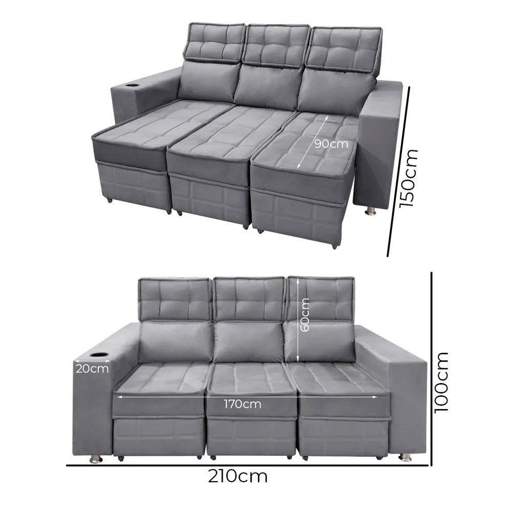 Sofá Retrátil E Reclinável 3 Lugares Londres 2.10cm C-molas Chumbo - 5