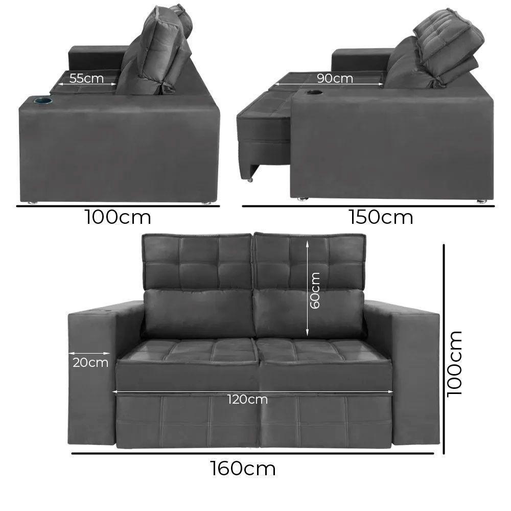 Sofá Retrátil E Reclinável 2 Lugares Londres 1.60cm C-molas Cinza Chumbo - 3