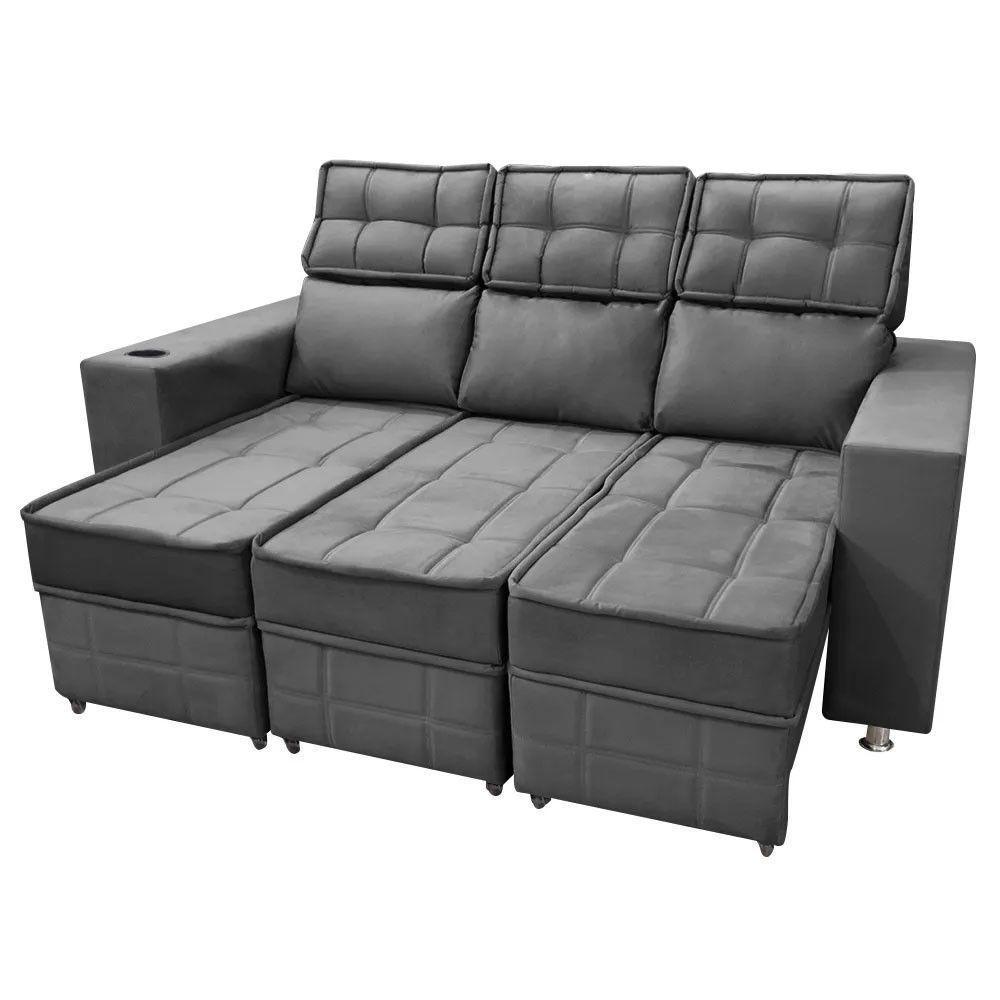 Sofá Retrátil E Reclinável 3 Lugares Londres 2.10cm C-molas Cinza Chumbo - 1