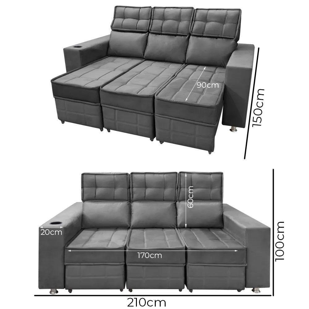 Sofá Retrátil E Reclinável 3 Lugares Londres 2.10cm C-molas Cinza Chumbo - 5
