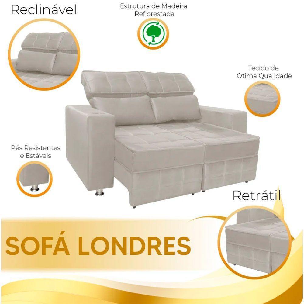 Sofá Retrátil E Reclinável 2 Lugares Londres 1.60cm C-molas Bege Marfim - 5