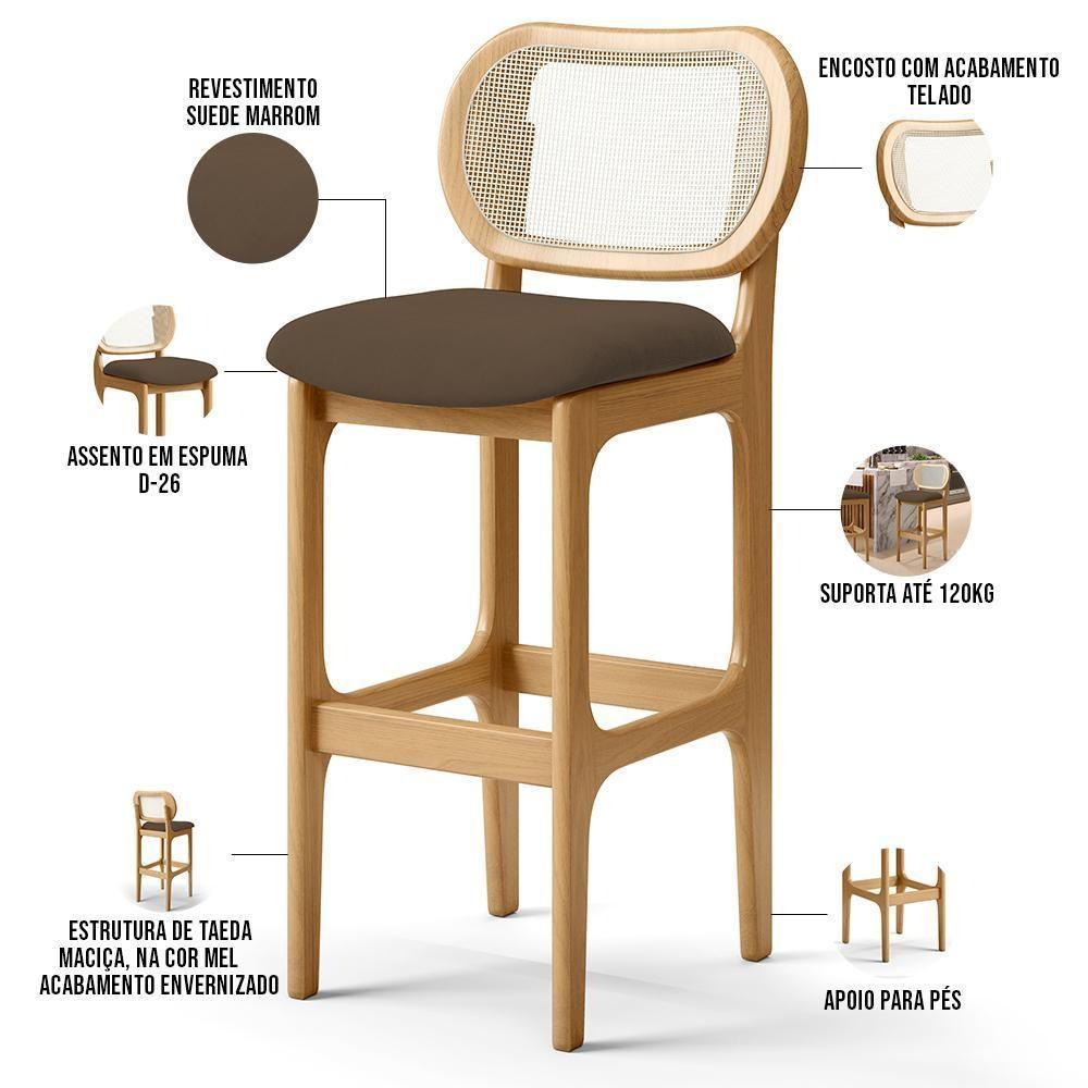 Kit 03 Banquetas Altas Para Cozinha Bancada Sala Tela Betta Fixa L02 Suede Marrom - Lyam - 8