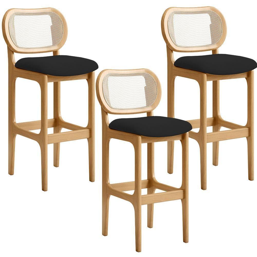 Kit 03 Banquetas Altas Para Cozinha Bancada Sala Tela Betta Fixa L02 Suede Preto - Lyam - 1