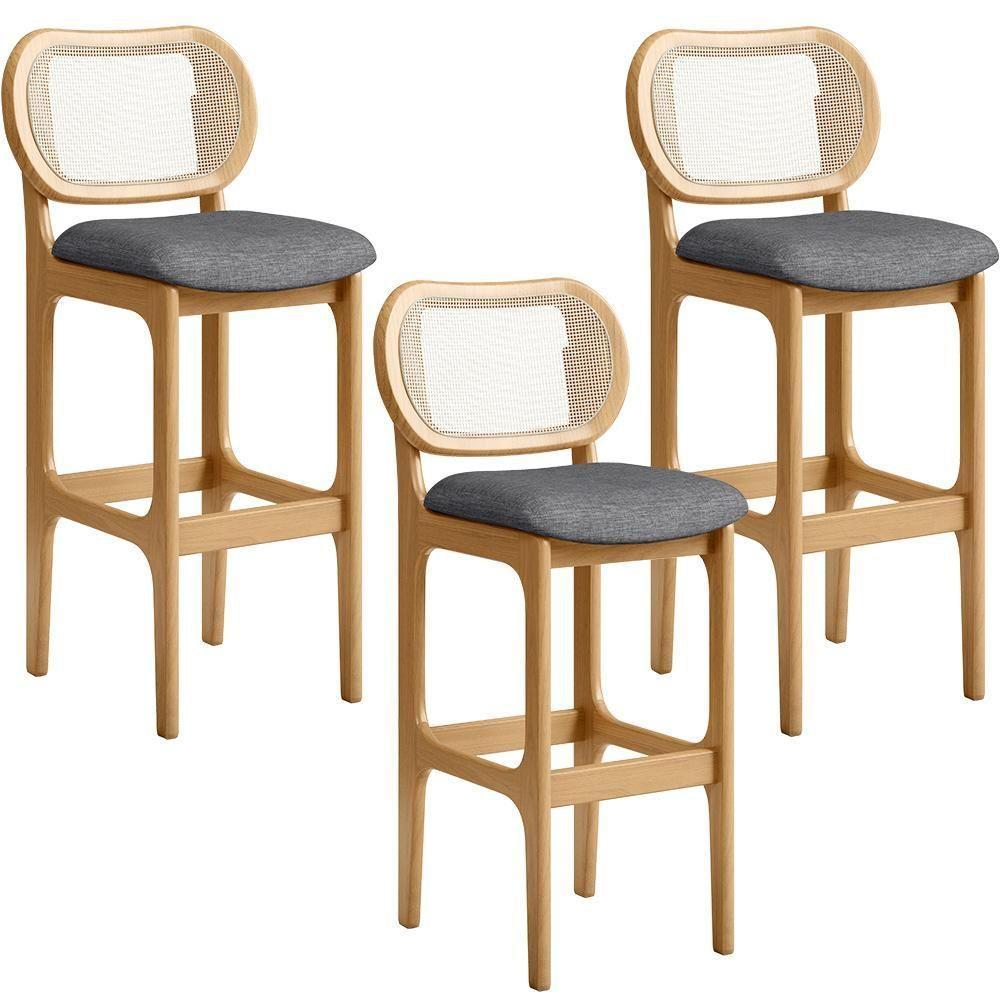 Kit 03 Banquetas Altas Para Cozinha Bancada Sala Tela Betta Fixa L02 Linho Cinza Escuro - Lyam - 1