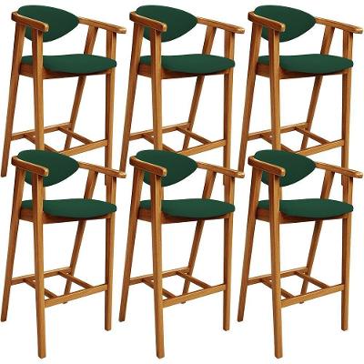 Kit 06 Banquetas Alta Cecília L02 Assento Tecido Base Fixa com Encosto Verde para Área Gourmet