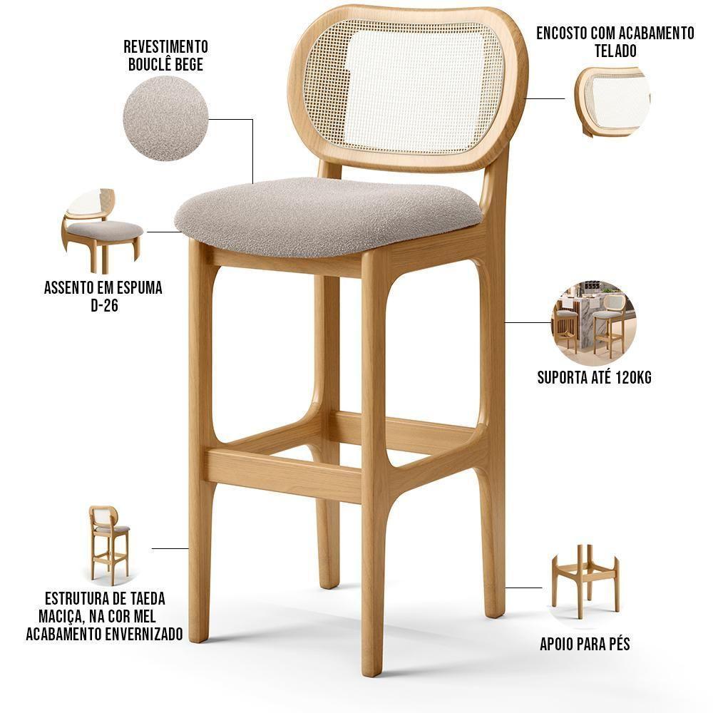 Kit 05 Banquetas Altas Para Cozinha Bancada Sala Tela Betta Fixa L02 Bouclê Creme - Lyam - 8