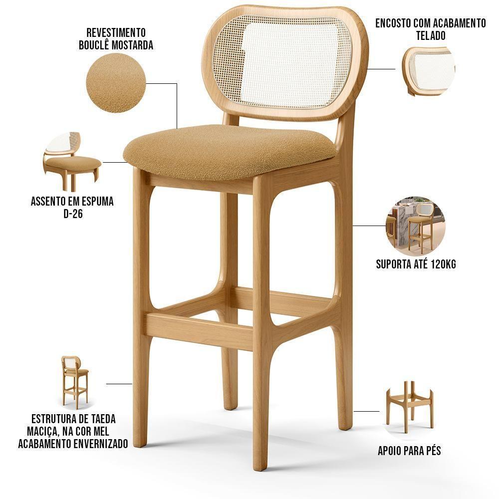 Kit 05 Banquetas Altas Para Cozinha Bancada Sala Tela Betta Fixa L02 Bouclê Mostarda - Lyam - 8