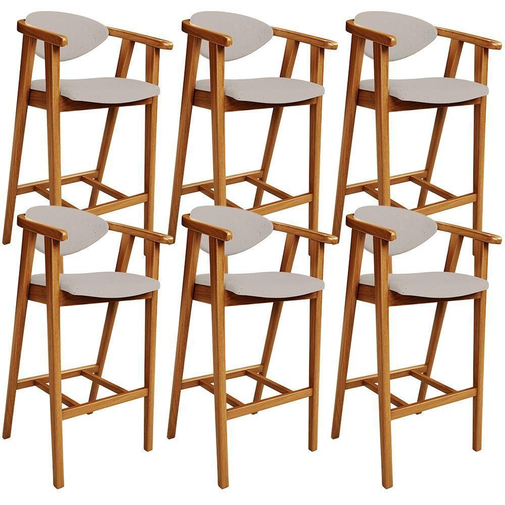 Kit 06 Banquetas Alta Para Cozinha Bancada Bar Sala De Jantar Fixa Cecília L02 Linho Bege - Lyam - 1