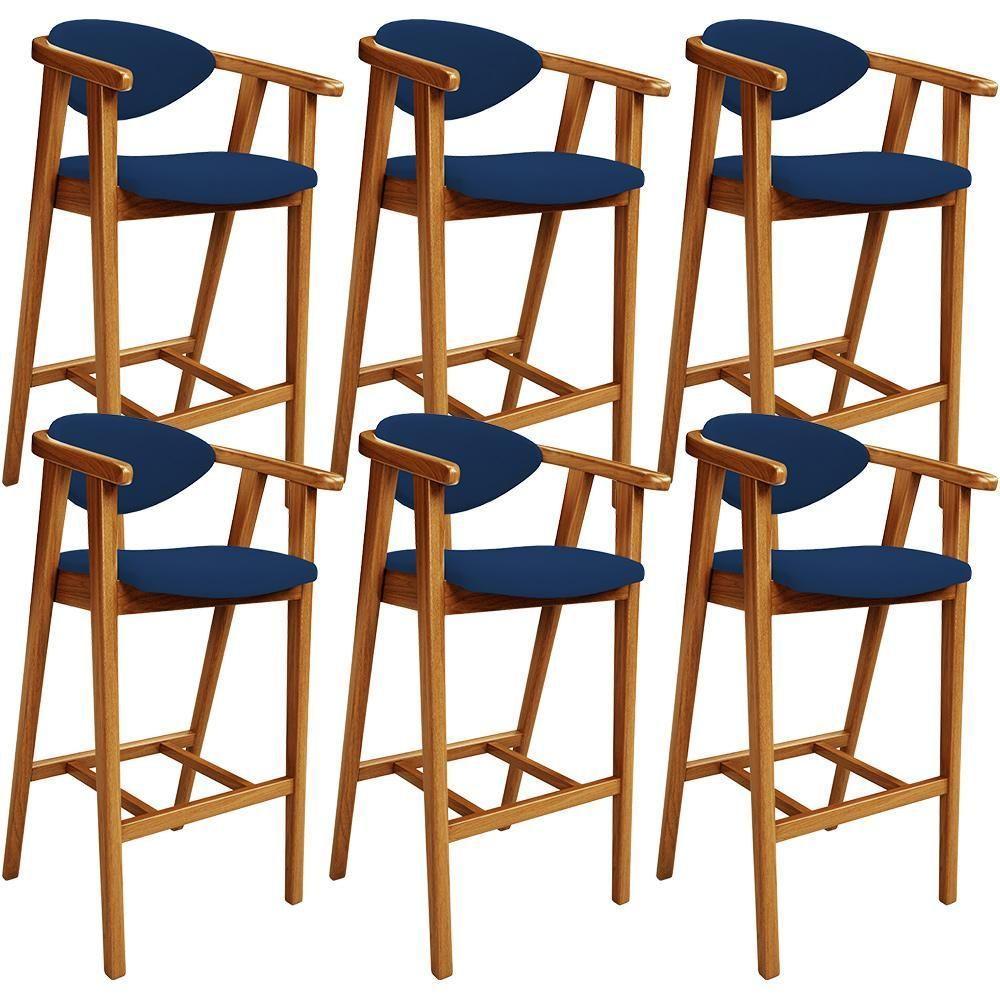 Kit 06 Banquetas Alta Cozinha Bancada Bar Sala De Jantar Fixa Cecília L02 Suede Azul Marinho - Lyam - 1