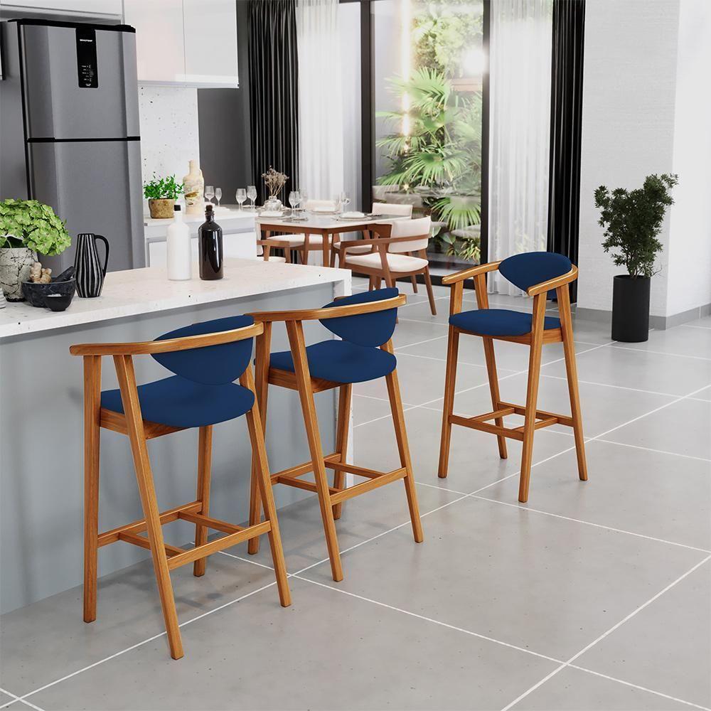 Kit 06 Banquetas Alta Cozinha Bancada Bar Sala De Jantar Fixa Cecília L02 Suede Azul Marinho - Lyam - 7