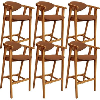 Kit 06 Banquetas Alta Cecília L02 Assento Poliéster Estrutura Madeira Encosto Fixo Terracota
