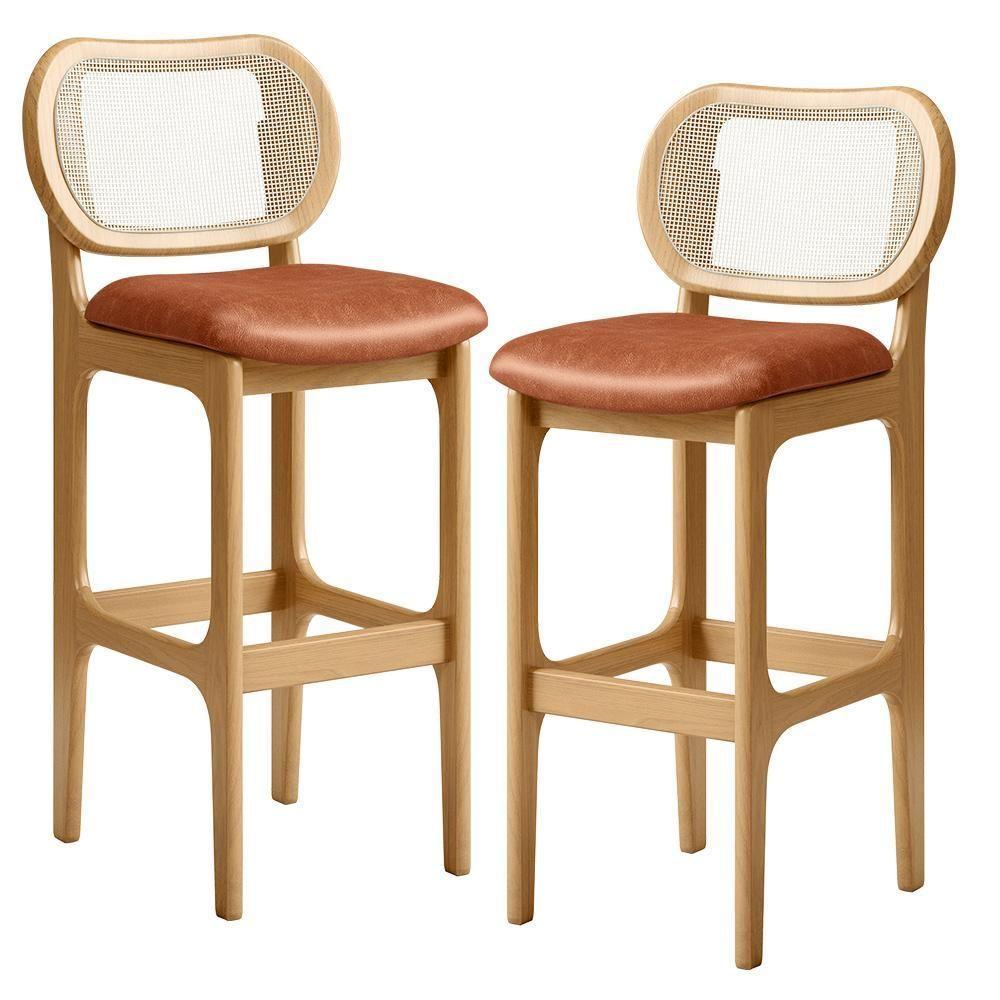 Kit 02 Banquetas Altas Para Cozinha Bancada Sala Tela Betta Fixa L02 Couríssimo Camel - Lyam - 1