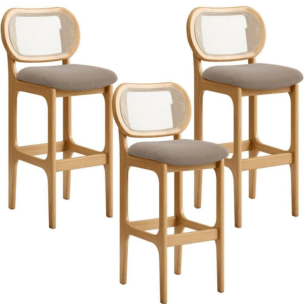 Kit 03 Banquetas Altas Para Cozinha Bancada Sala Tela Betta Fixa L02 Bouclê Bege - Lyam - 1