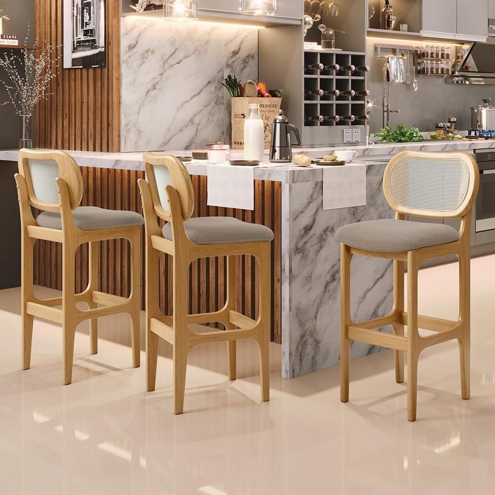 Kit 03 Banquetas Altas Para Cozinha Bancada Sala Tela Betta Fixa L02 Bouclê Bege - Lyam - 7