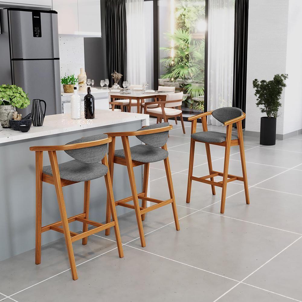 Kit 06 Banquetas Alta Cozinha Bancada Bar Sala De Jantar Fixa Cecília L02 Linho Cinza Escuro - Lyam - 7