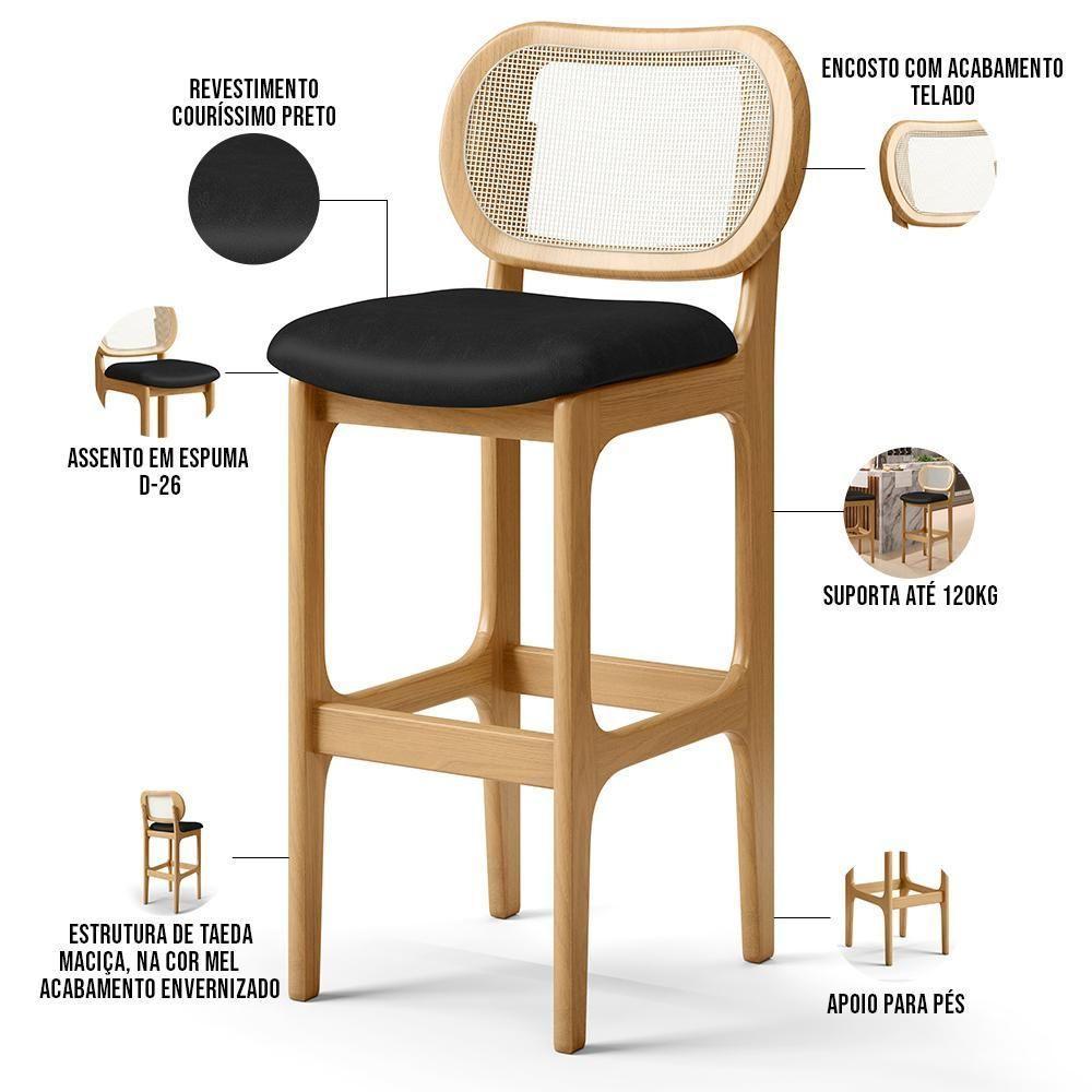 Kit 06 Banquetas Altas Para Cozinha Bancada Sala Tela Betta Fixa L02 Couríssimo Preto - Lyam - 8