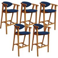 Kit 05 Banquetas Alta Cozinha Bancada Bar Sala De Jantar Fixa Cecília L02 Suede Azul Marinho - Lyam - 1