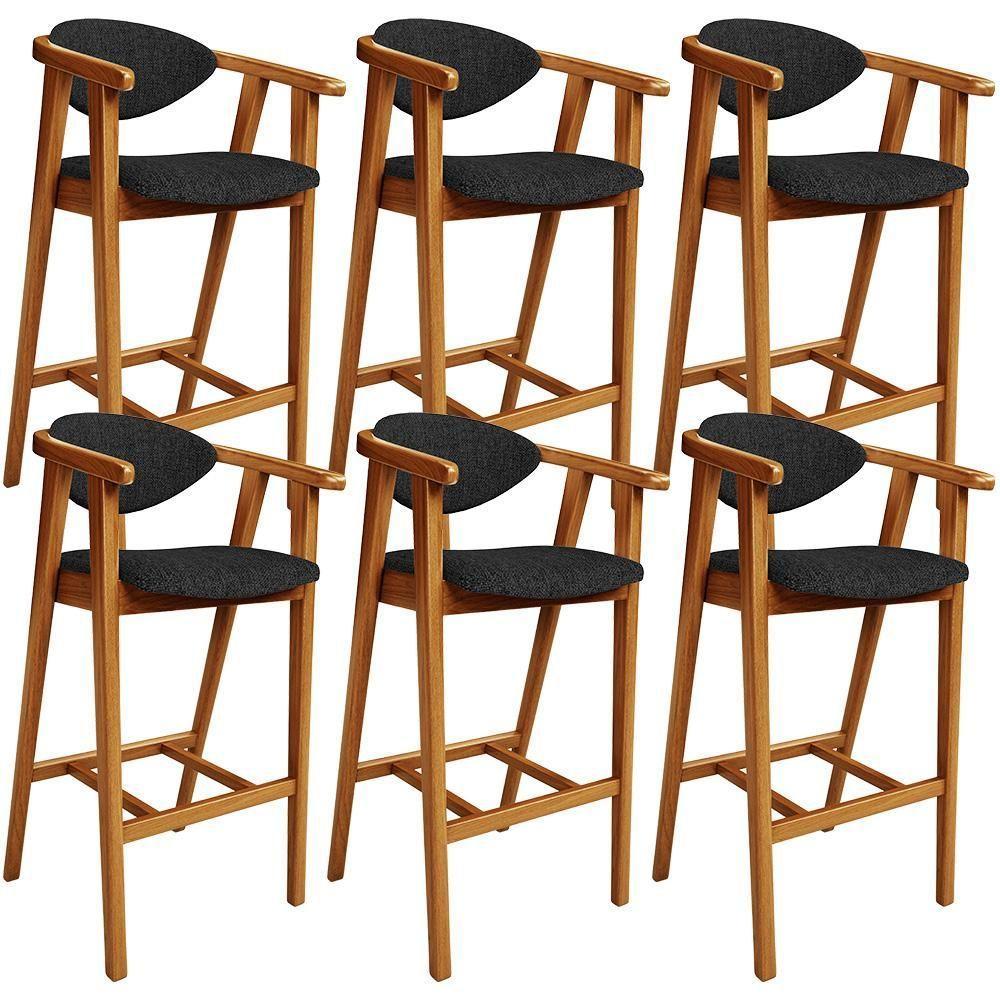 Kit 06 Banquetas Alta Para Cozinha Bancada Bar Sala De Jantar Fixa Cecília L02 Linho Chumbo - Lyam - 1