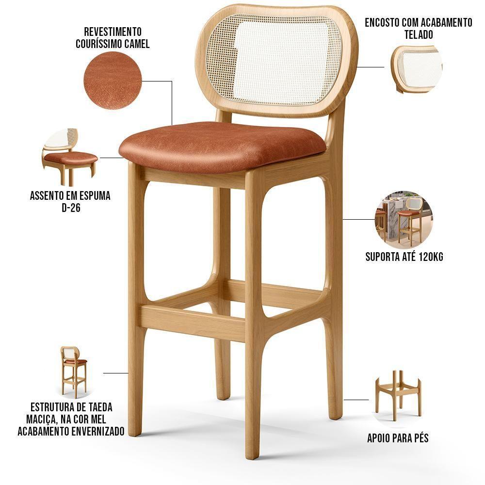 Kit 04 Banquetas Altas Para Cozinha Bancada Sala Tela Betta Fixa L02 Couríssimo Camel - Lyam - 8