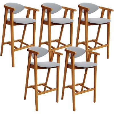 Kit 05 Banquetas Alta Cecília L02 Assento Tecido Estrutura Madeira Encosto Fixo Cinza