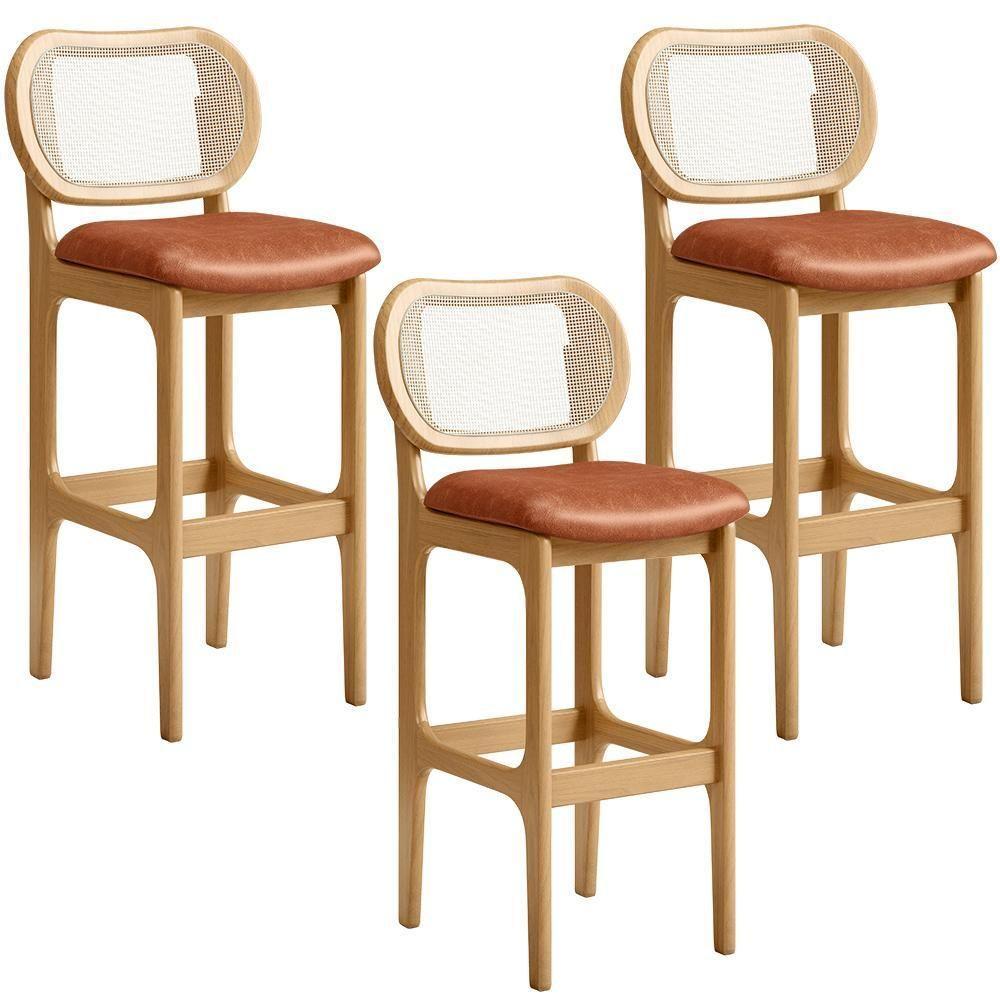 Kit 03 Banquetas Altas Para Cozinha Bancada Sala Tela Betta Fixa L02 Couríssimo Camel - Lyam - 1