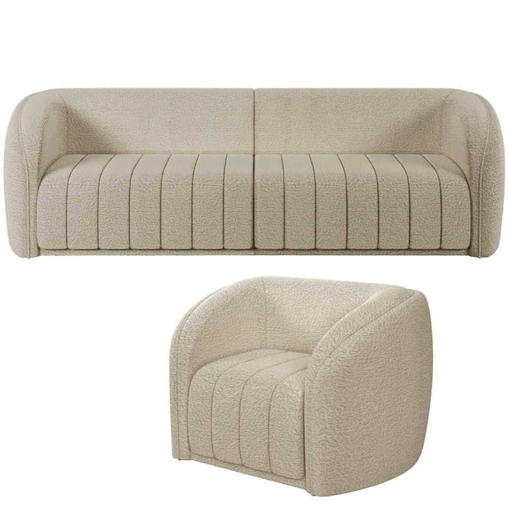 Kit Sofá 4 Lugares Para Sala 252cm Com 01 Poltrona Lazio M03 Bouclê Bege - Lyam Decor - 1