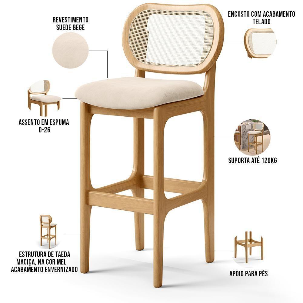 Kit 05 Banquetas Altas Para Cozinha Bancada Sala Tela Betta Fixa L02 Suede Bege - Lyam - 8