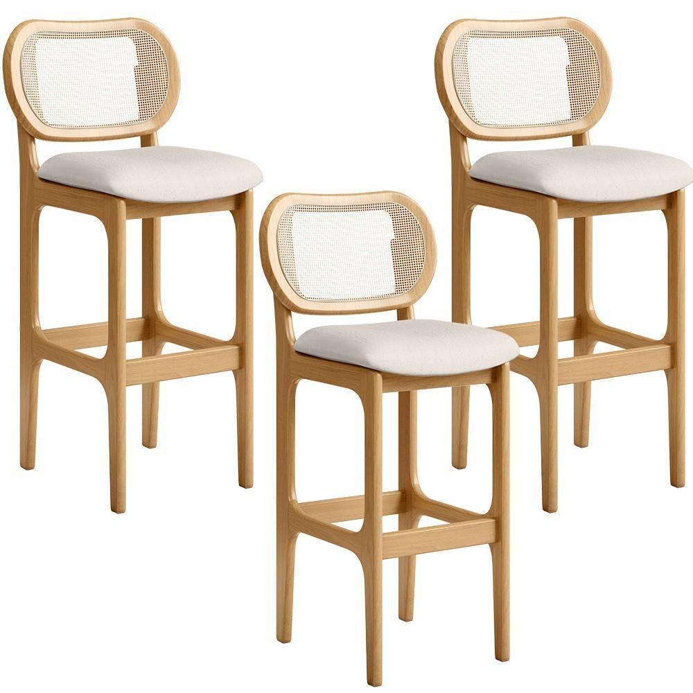 Kit 03 Banquetas Altas Para Cozinha Bancada Sala Tela Betta Fixa L02 Linho Cru - Lyam - 1
