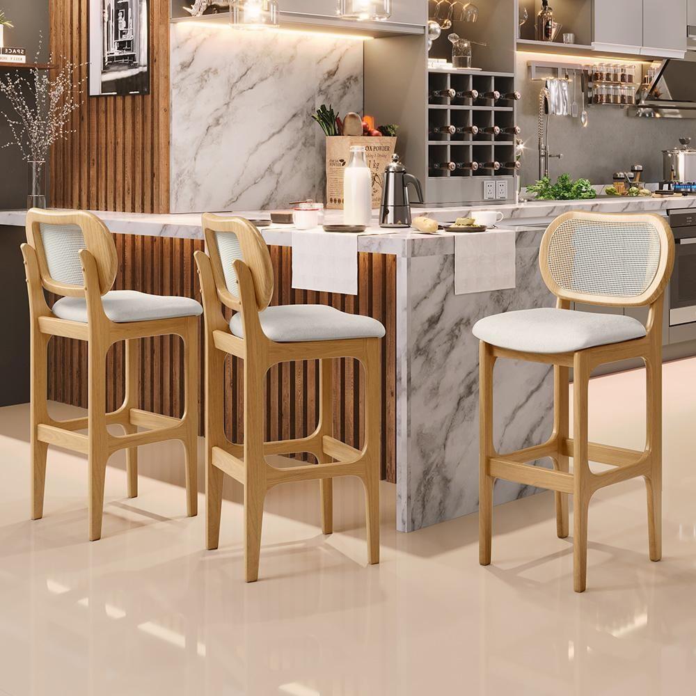 Kit 03 Banquetas Altas Para Cozinha Bancada Sala Tela Betta Fixa L02 Linho Cru - Lyam - 7