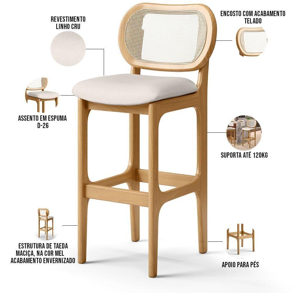 Kit 03 Banquetas Altas Para Cozinha Bancada Sala Tela Betta Fixa L02 Linho Cru - Lyam - 8