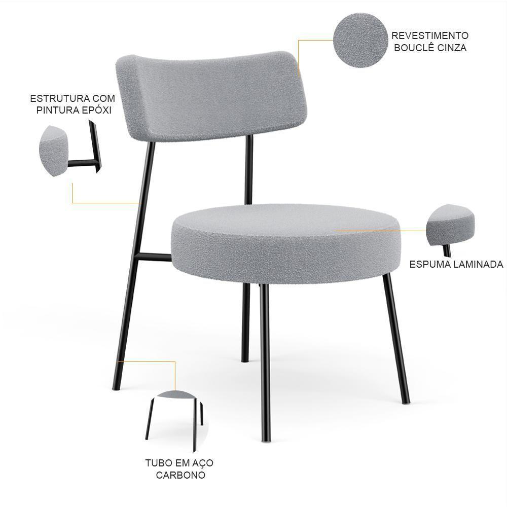Kit 02 Poltronas Decorativas Para Sala De Estar Base Fixa Londres L02 Bouclê Cinza - Lyam - 8