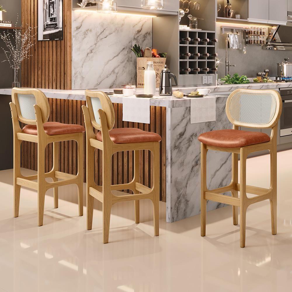 Kit 05 Banquetas Altas Para Cozinha Bancada Sala Tela Betta Fixa L02 Couríssimo Camel - Lyam - 7