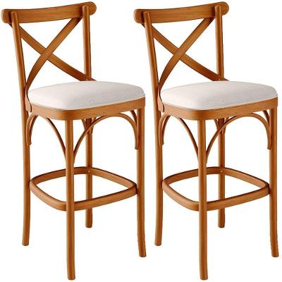 Kit 02 Banquetas Altas Ávila Assento Linho Estrutura Madeira Encosto Alto Bege