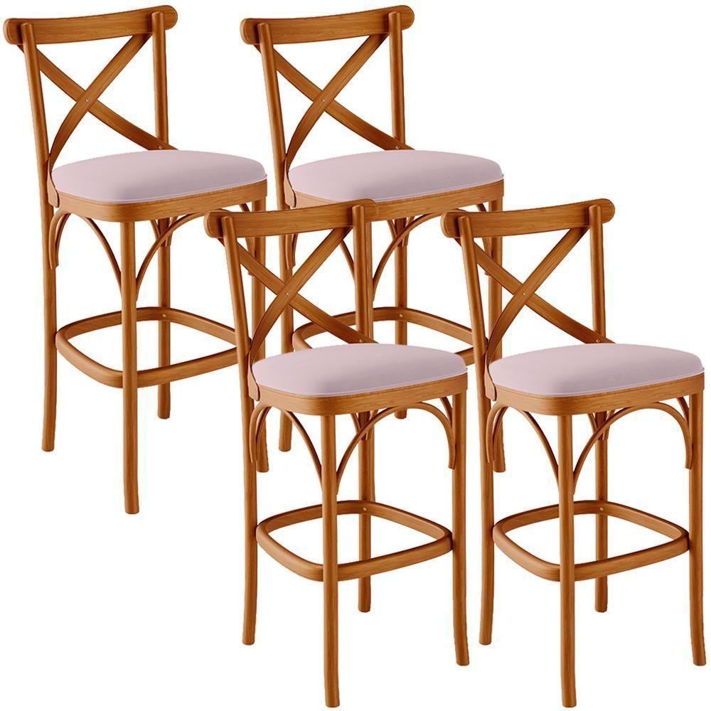 Kit 04 Banquetas Altas Cozinha Bancada Bar Sala De Jantar Estofada ávila L02 Suede Rosê - Lyam - 1