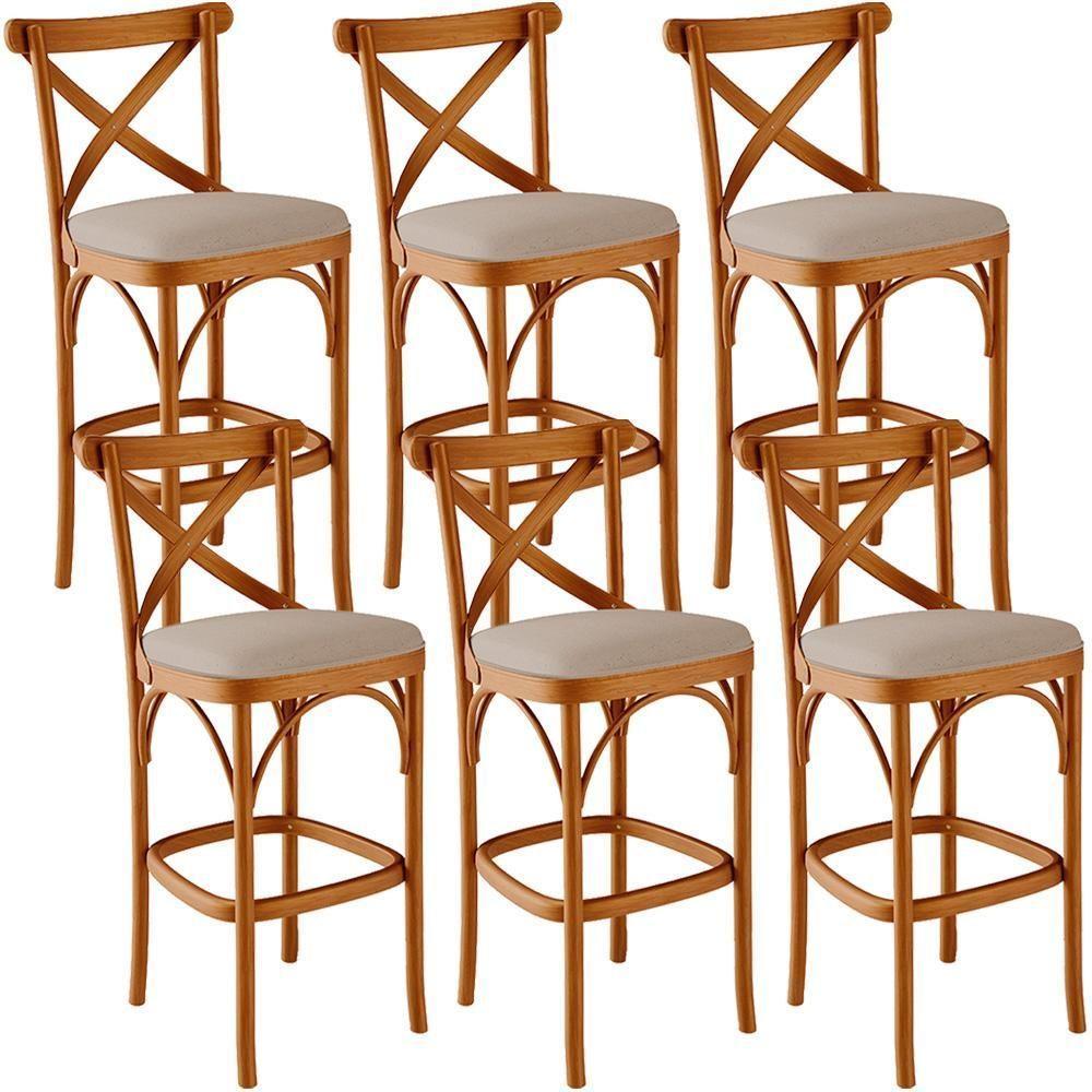 Kit 06 Banquetas Altas Cozinha Bancada Bar Sala Jantar Estofada ávila L02 Linho Bege Escuro - Lyam - 1