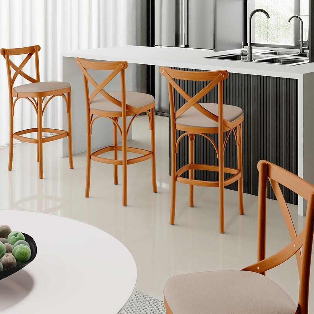 Kit 06 Banquetas Altas Cozinha Bancada Bar Sala Jantar Estofada ávila L02 Linho Bege Escuro - Lyam - 7