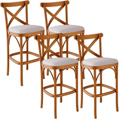 Kit 4 Banquetas Ávila Estofada em Linho Base Madeira Maciça com Encosto Bege para Cozinha